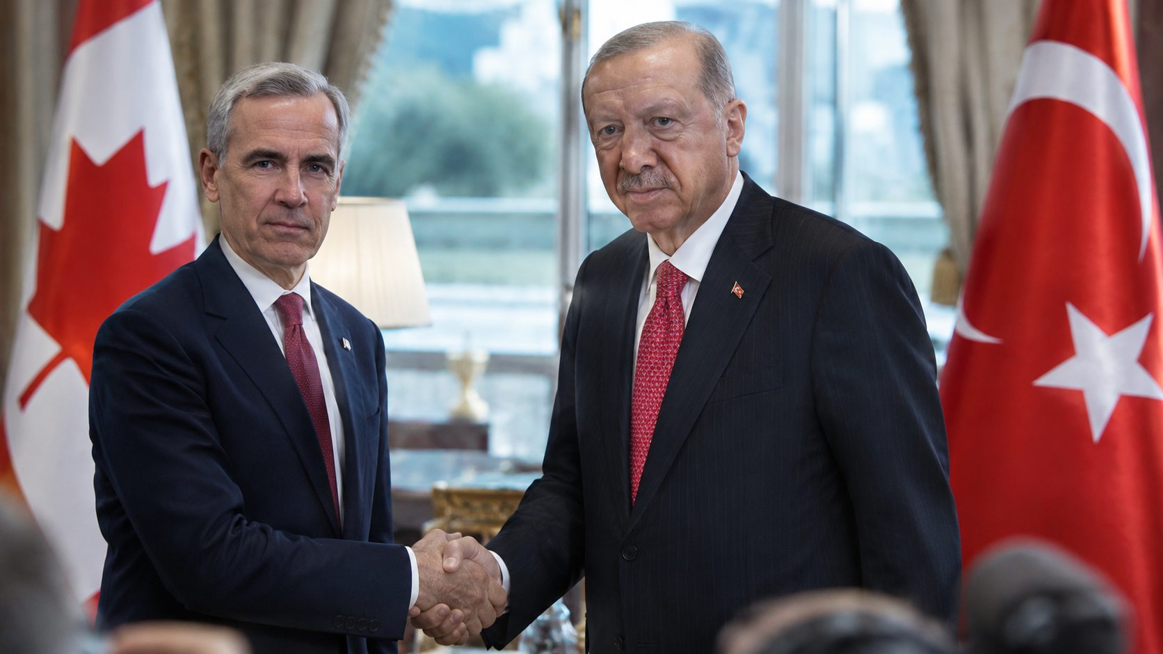 Canadian Prime Minister Mark Carney and Turkish President Recep Tayyip Erdogan shake hands during a bilateral meeting in Ankara, with the Canadian and Turkish flags behind them.