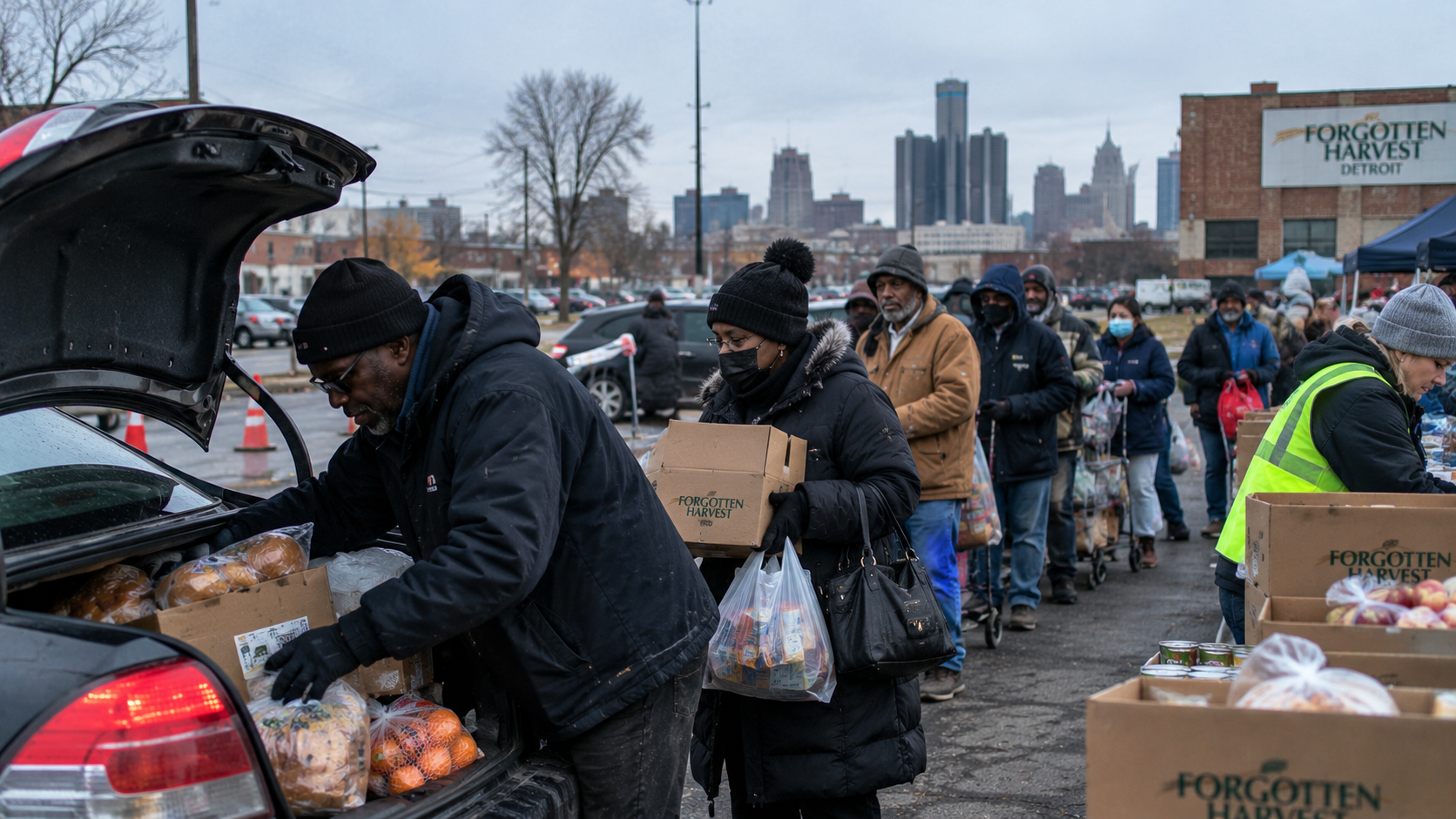 Volunteers distribute food boxes and groceries to a line of people waiting in a parking lot during a food drive event in Detroit, with the city skyline visible in the background.