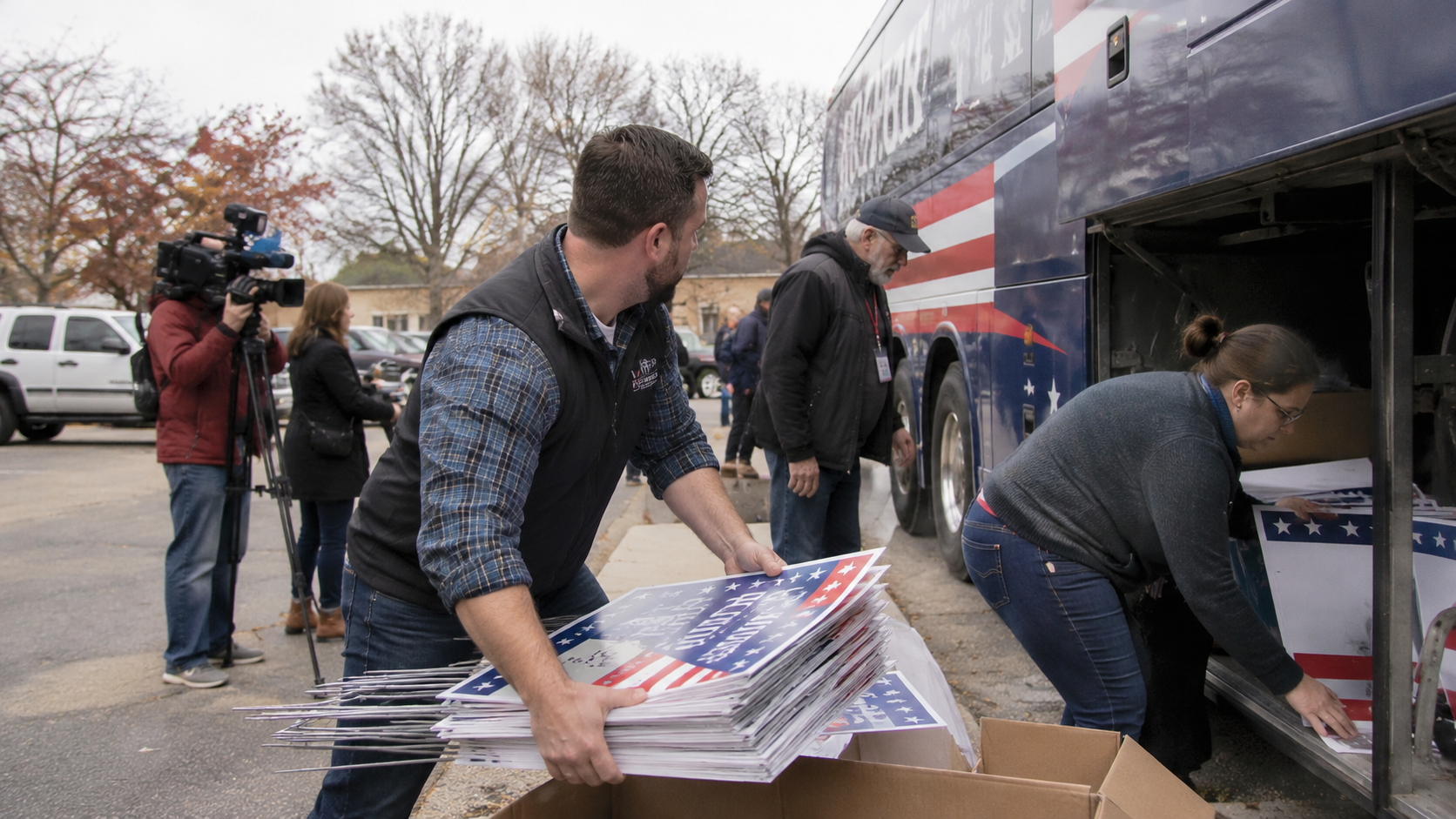 Volunteers and campaign staff load American flag-themed political signs onto a tour bus while a news crew films the scene in a parking lot.